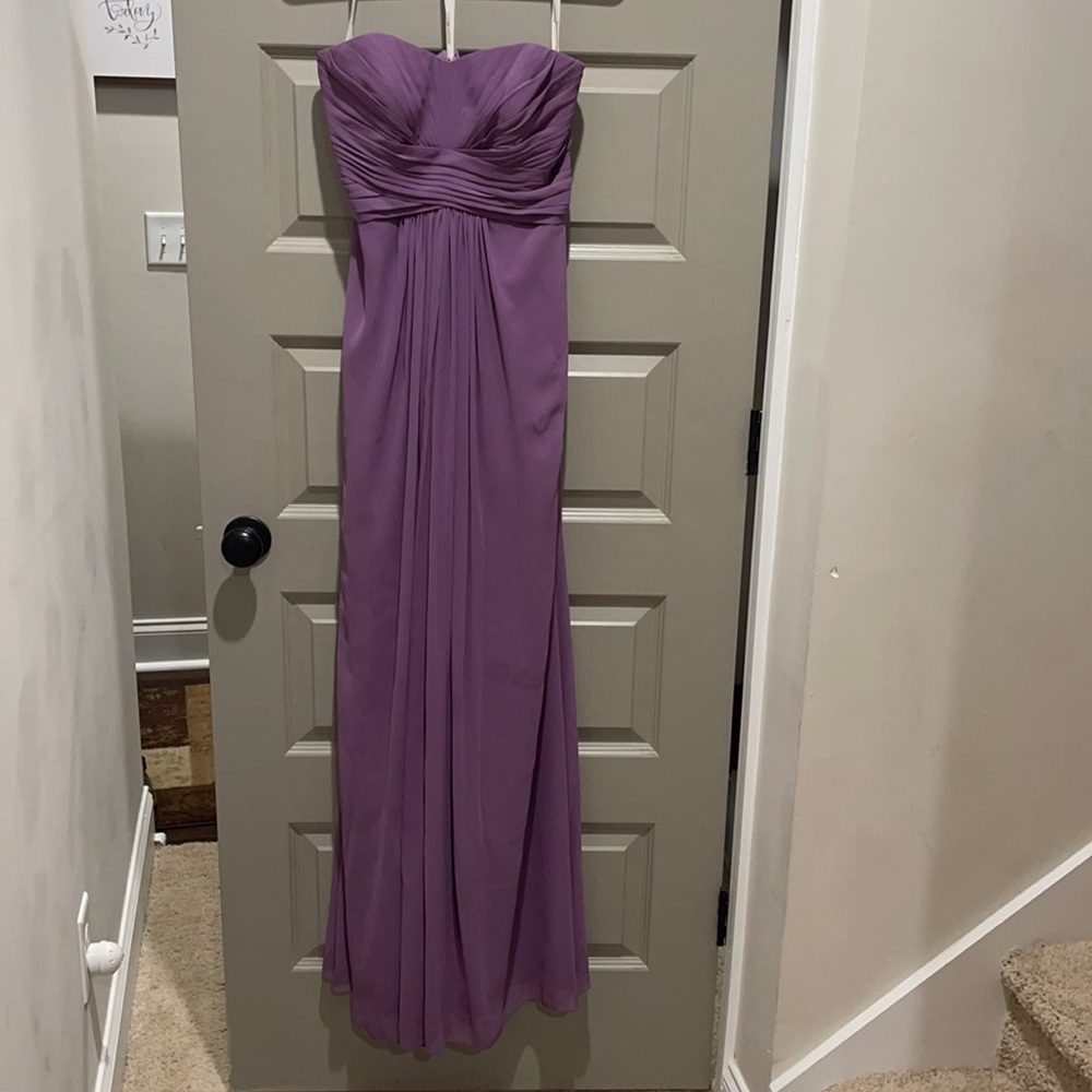 David’s bridal strapless purple bridesmaid dress